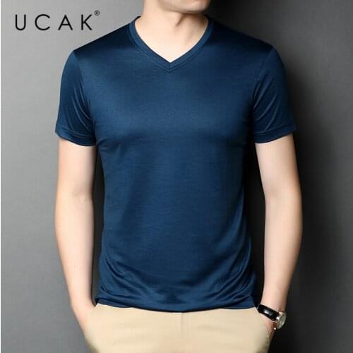 UCAK Brand Classic Solid Color V-Neck Pure Cotton T Shirt Men Clothes Summer NEW Arrivals Streetwear Casual Tshirt Homme U5457