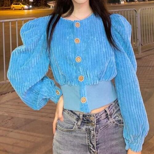 Spring 2021 new style puff sleeve chic top super fairy corduroy shirt female design sense niche womens tops and blouses