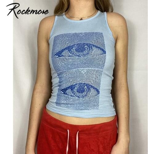 Rockmore Eye Print Sleeveless Tops Womens T-Shirt y2k Harajuku O Neck T Shirts Vintage Casual Sweats Clothing Tee Streetwear