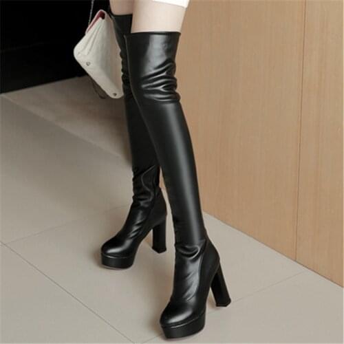 Women Platform Chunky High Heel Over The Knee Boots Side Zipper Winter Warm Thigh Boots Fashion Woman Shoes White Black