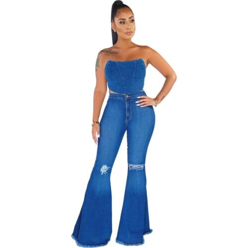Women Destoryed Flare Jeans Elastic Waist Bell Bottom Raw Hem Denim Pants