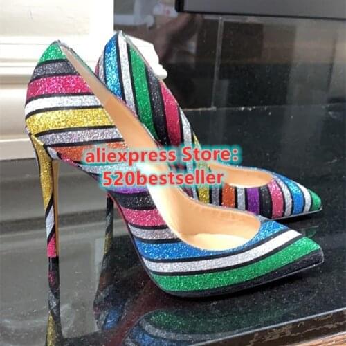 Free Shipping Women Lady sexy girls Rainbow color Glitter Sequined Poined Toes shallow 12CM Stiletto Heel high heels shoes pumps
