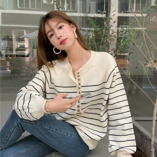 Retro Contrast Striped Bubble Sleeve Sweater Top Women Womens Autumn Korean Loose and Versatile Long Sleeve Pullover Sweater