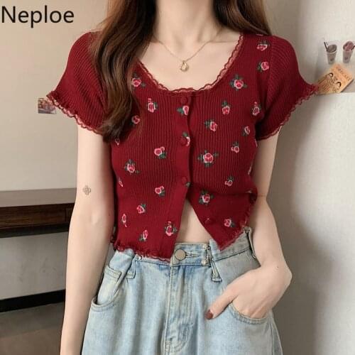 Neploe Knitted Cardigan Crop Top Women Summer 2021 Floral Lace Patchwork Shirt Single Breasted Cute T Shirts Short Sleeve Tees