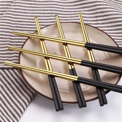 5 Pairs Chopsticks Stainless Steel Chinese Gold Set Black Metal Chop Sticks Set Used for Sushi Dinnerware