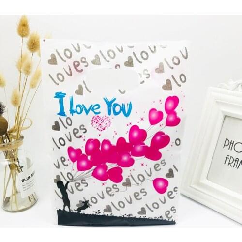 50PCS 20X30CM Black I LOVE YOU Red Heart Shape Portable Plastic Bag Plastic Gift Shopping Bag Cosmetic Bag
