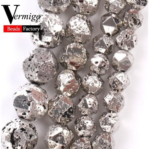 6/8/10mm Natural Faceted Ancient Silver Hematite Lava Stone Round Beads for Jewelry Making Diy Bracelet Necklace Accessories 15"