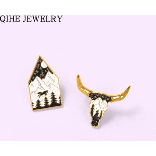 Forest Animal Enamel Pins Bull Head Dark Night Mountain Brooches Backpack Clothes Badge Lapel Pin Jewelry Gift for Friends