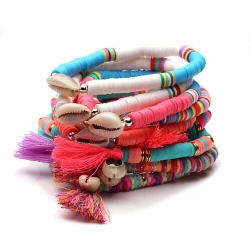 Boho Multicolor Recyclable Polymer Clay Heishi Beads Cowrie Seashell Stretch Bracelet Women Men Tassels Shells Surf Jewelry Gift