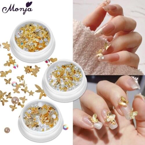 Monja 3 Styles Metal Gold Butterfly Dragonfly Leaf Flower Shape Sequins 3D Nail Art Rhinestones Pearl Manicure Decorations