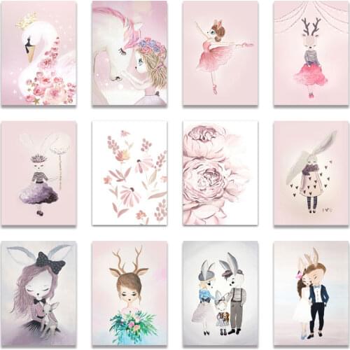 Cartoon Girl Unicorn Swan Horse Flower Crown Wall Art Canvas Painting Kids Room Decor Nordic Posters And Prints Wall Pictures