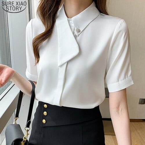 Office Single Breasted Women Shirts 2021 Short Sleeve Chiffon Women Blouse and Tops Solid White Female Clothing Blusas 14343