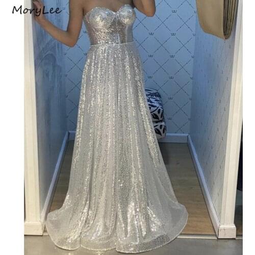 Prom Dresses Silver Sweetheart Sleeveless Sequins Floor Length A-Line Prom Dresses With Zipper Back vestidos de fiesta de noche