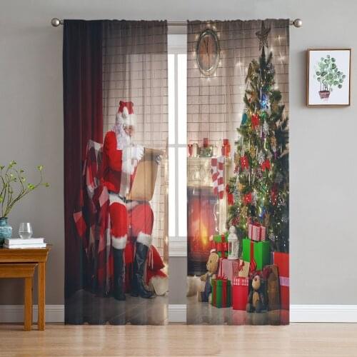 Christmas Christmas Tree Santa Claus Wall Sheer Curtains for Living Room Tulle for Windows Voile Yarn Short Bedroom Curtains