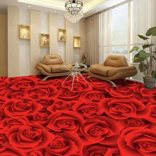 Custom 3D Floor Wallpaper Red Rose Flower LivingRoom Bedroom Bathroom Floor Sticker PVC Self-adhesive Mural Wallpaper Waterproof