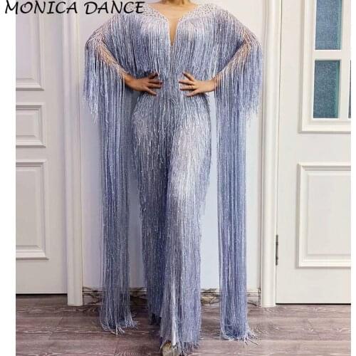 Sexy Silver Gray Fringe Rhinestones Jumpsuit Birthday Celebrate Tassel Bodysuit Stage Dance Leggings Women Singer Dancer Outfit