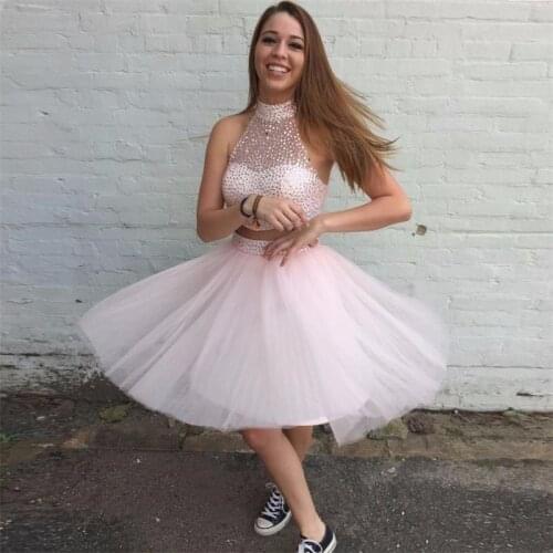 Light Pink Tulle Short Homecoming Dresses High Collar Beaded Luxury Two Pieces Cocktail Party Gowns Cheap A Line Bride Dress