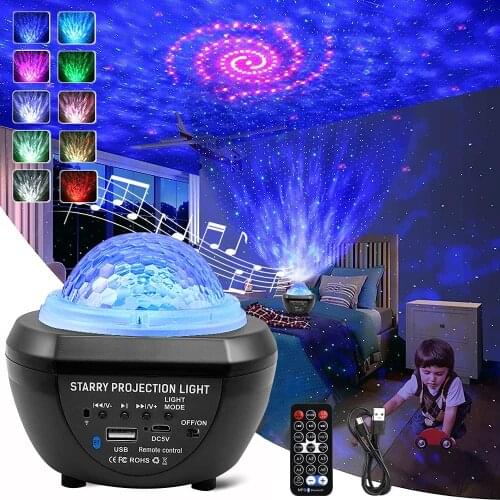 Led Night Light Starry Projector Rotating Ocean Wave Night Light Bluetooth Music USB Galaxy Projector for the Ceiling Star Light