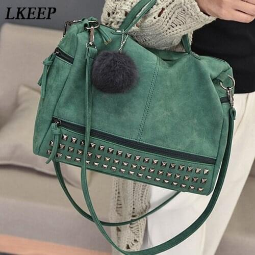 Vintage PU Leather Womens Bag Rivet Larger Ladies Handbags Hair Ball Shoulder Bag Motorcycle Crossbody Bags For Women Messenger