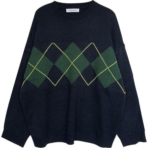 New Arrival Hot Sale 1Pc Korean Collegiate Style Loose Round Neck Geometric Pattern Knitted Sweaters Dropship