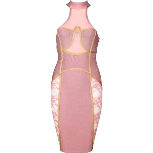 Woman sexy sleeveless black pink lace elastic club mini celebrity party bandage dress wholesale