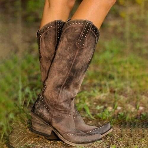 2021 Cowboy Cowgirl Pointed Toe Mid Calf Boots For Women Chunky Heels Casual Vintage Leisure Casual Western Boots