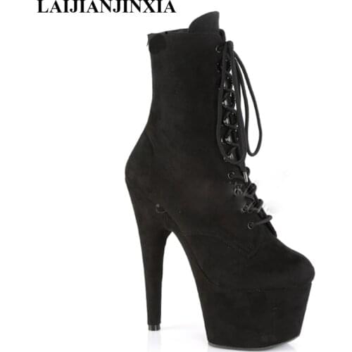 LAIJIANJINXIA New Dance Boots 17 cm High Heels Suede Lace-up Low Womens Boots Sexy Ankle Boots Party Model Pole Dancing Shoes