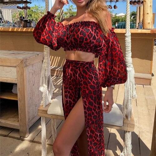 Women Sexy Beach Over skirt Set Bikini Cover Up Summer Vacation Mesh Sheer Leopard Print Strapless Puff Sleeve Crop Top 2021