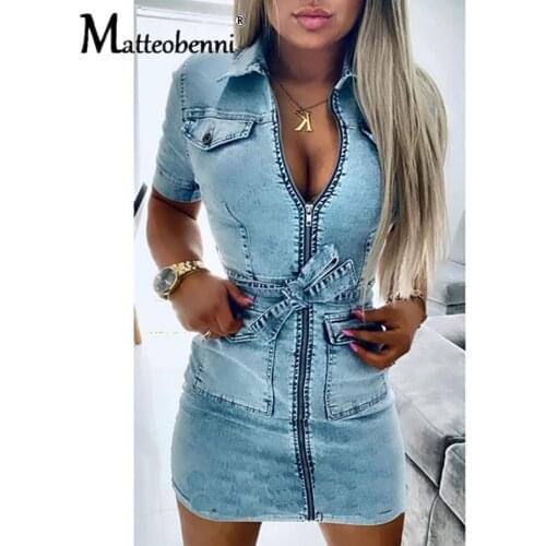 2020 New Womens Fashion Sexy Denim Dress Zipper Casual V Neck Dress Short Sleeve Elegant Casual Dresses Lady Jean Mini Dress