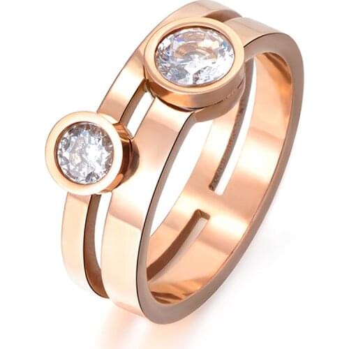 Rose Gold Color Round Shape Double Cubic Zirconia Crystal Titanium Steel Engagement Wedding Rings For Women Gift R17061