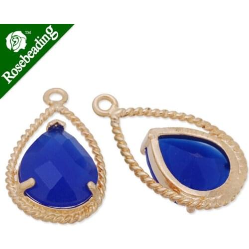 11.5x20mm matt gold plated framed glass,Faceted glass,royal blue,connectors,gemstone bezel,Sold 5pcs/lot-C4157