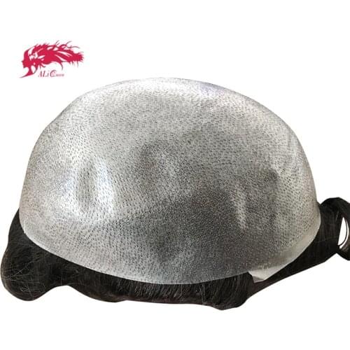 Ali Queen Hair PU Transparent Thin Skin 0.06-0.08mm Toupee Men Wig Handmade Replacement Systems Indian 6inch Natural Remy Hair