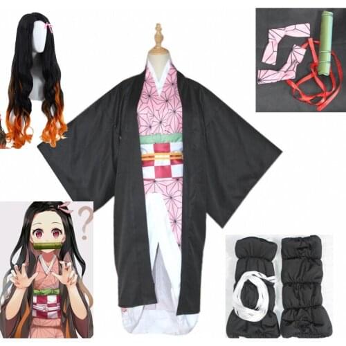 Anime Cosplay Demon Slayer: Kimetsu no Yaiba Kamado Nezuko Kids Costume Halloween Women Costume Kimetsu no Yaiba Cosplay Wig