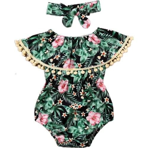 Baby Summer Clothing Infant Newborn Baby Girls Elastic Waist Slim Bodysuits Flowers Tassels Jumpsuits + Headband