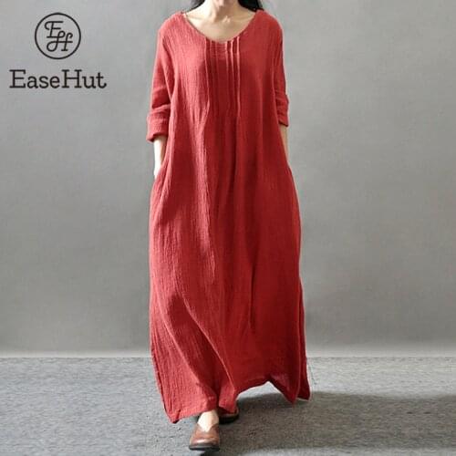EaseHut Women Vintage Cotton Dress Solid Color Long Dress V Neck Long Sleeve Retro Maxi Dresses Plus Size 5XL Robe Femme vestido