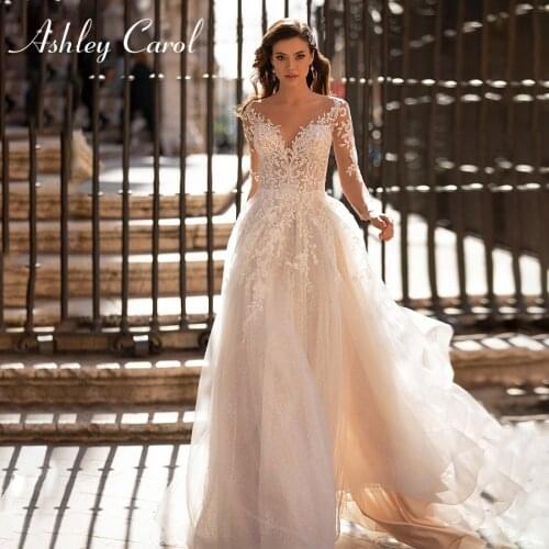 Ashley Carol Long Sleeve Wedding Dress 2021 Illusion V-neckline Lace Appliques Bridal Gown A-Line Bride Dresses Vestido De Noiva