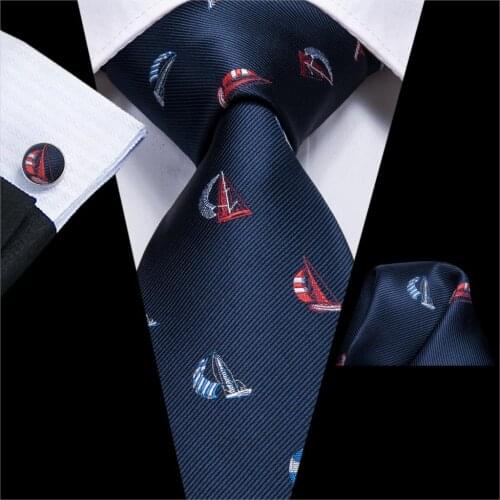 Hi-Tie Blue Tie for Men Novelty Ties Cartoon Boat Necktie Set Designer Cravat for Wedding Party New Style Tie C-3255 Wholesale