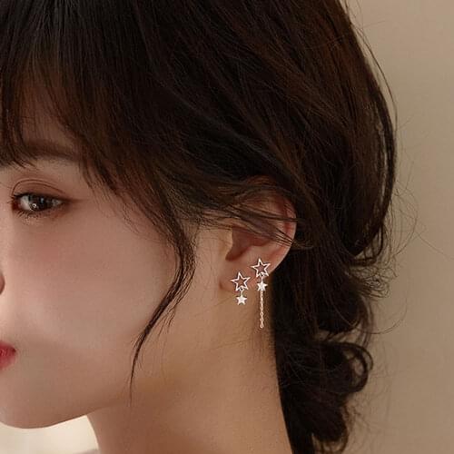 Korean Elegant Asymmetry Long Short Style Little Star Pendant Piercing ChainTassel Stud Earrings For Women Vintage Charm Jewelry