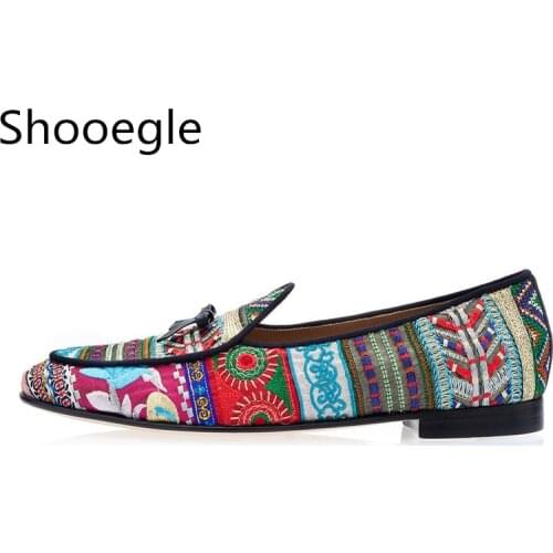 Men Multicolor Hand-embroidered Canvas Patchwork Men Casual Shoes Slip On Floral Embroidery Piping Flat Bow Loafers