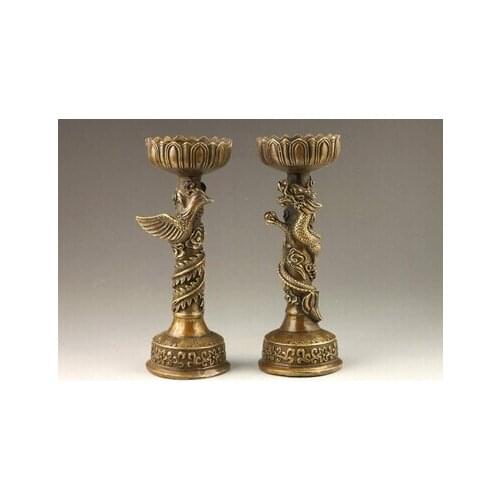 Copper Brass CHINESE crafts Asian A Pair of Elaborate Chinese Handmade Dragon Phoenix Candlestick