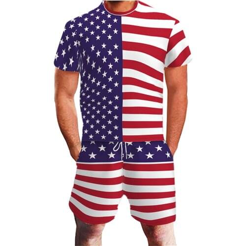 53# Mens Suit Summer Fashion Mens Loose 3d Digital Printing Independence Day Sports Suit Short-sleeved Shirt Shorts 2-piece