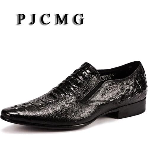 PJCMG New Breathable Black/Red Dress Genuine Leather Crocodile Style Pointed Toe Elastic Band Wedding Oxfords Business Shoes