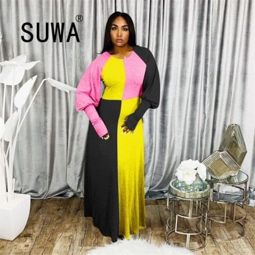 Autumn Winter Clothes Active Wear Color Patchwork Lantern Long Sleeve O-neck Women Long Floor Length Dress Vestidos