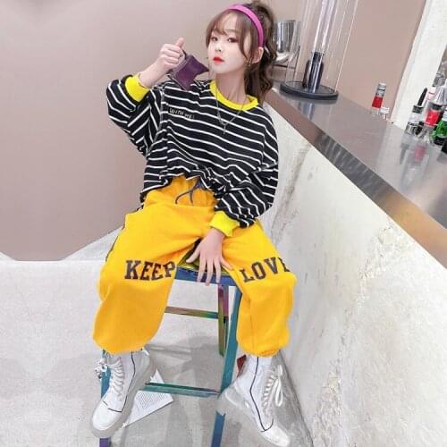 Hot Baby Girls Sports Suit 2021 Spring Autumn Childrens Stripe O-Neck Hip-hop Casual Two Piece Korean Dance Costume 13 14 Year