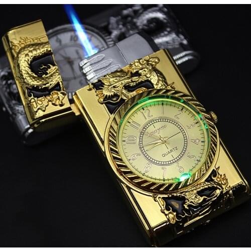 Luxurious Gold Watch Jet Lighter Torch Turbo Gas Lighter Windproof Cigar Cigarette Metal Lighter Led Inflated Gasoline Butane