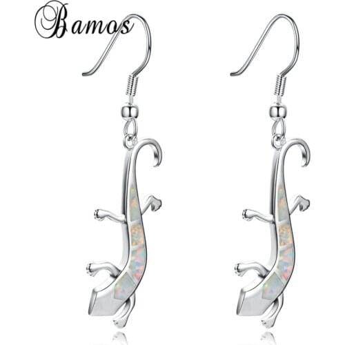Bamos 3 Colors Fashion Lizard Earring White & Blue & Orange Fire Opal Earrings Silver Color Jewelry For Women Best Gifts