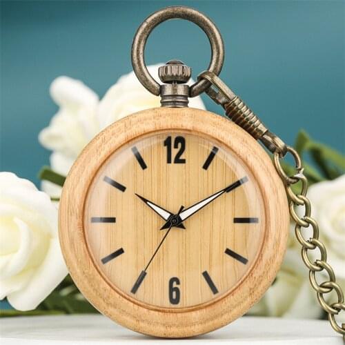 Luminous Hands Minimalist Dial Natural Bamboo Pendant Quartz Pocket Watch Bronze Fob Engravable Wooden Pocket Clock Gifts Male