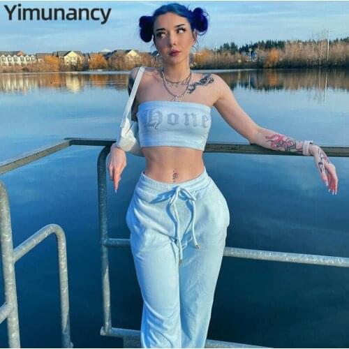 Yimunancy 2-piece Letter Women Tracksuit Sexy Crop Top + High Wait Pants 2021 Summer Set