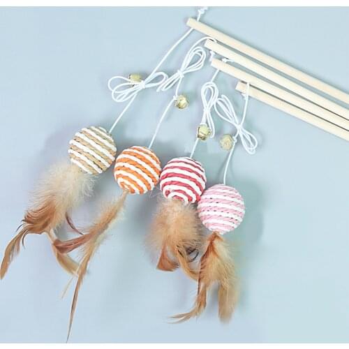 1 Piece Feather Wood Funny Pet Cat Kitten Teaser Toys Natural Ball Mouse Animal Wire Chaser Random Color Cat interaction 40cm