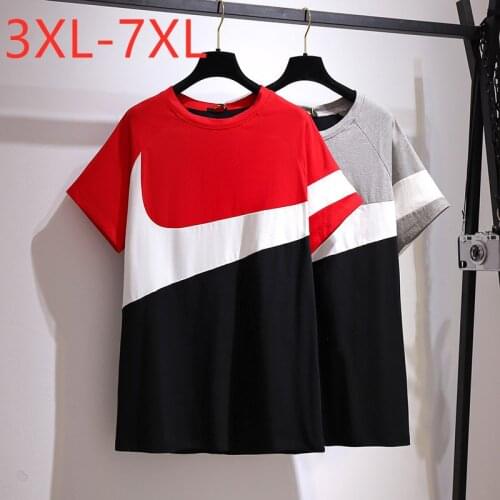 New 2021 Ladies Summer Plus Size Tops For Women Large Short Sleeve Loose Red Cotton Print O-neck T-shirt 3XL 4XL 5XL 6XL 7XL